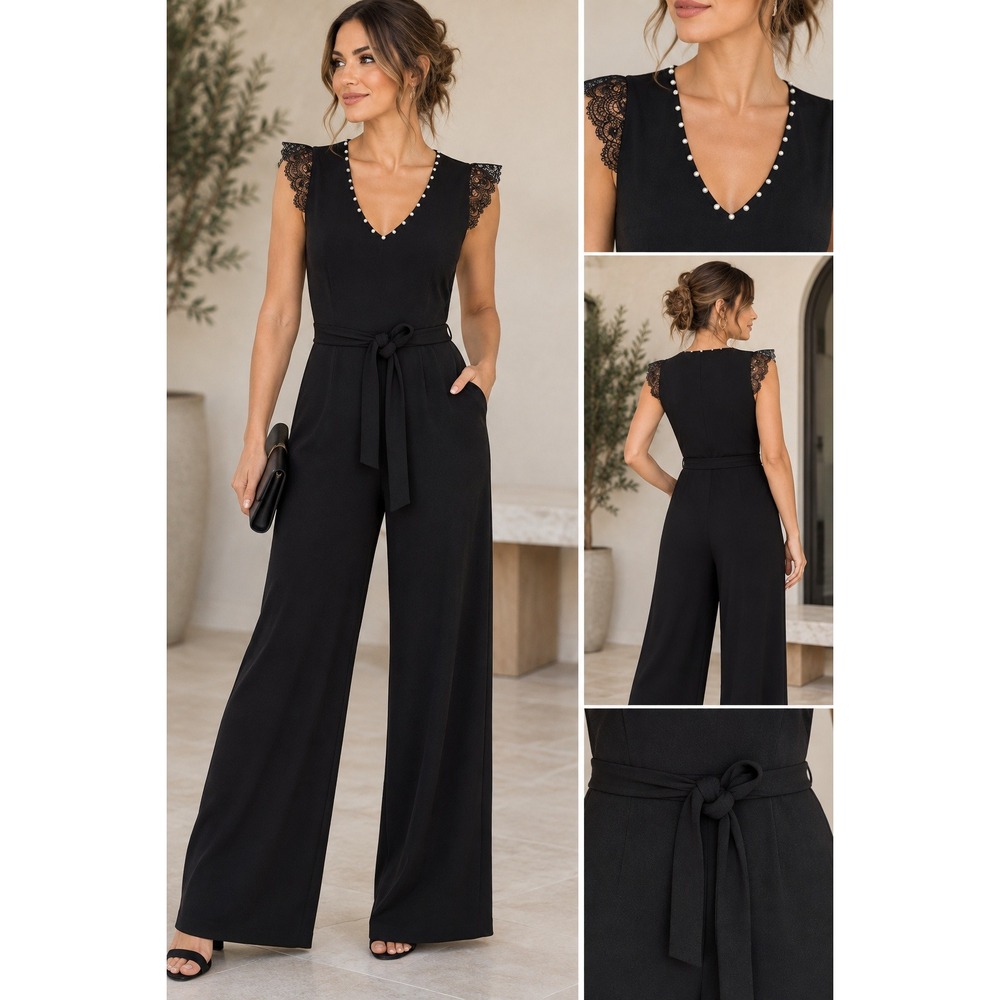 Karl Lagerfeld Paris Black Pearl Lace Trim Wide Leg Jumpsuit 4